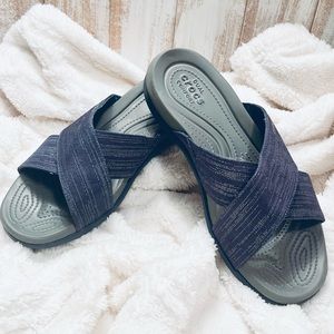 CROCS Capri Shimmer X Band Slide Sandal 204908 Women's Blue Metallic Silver